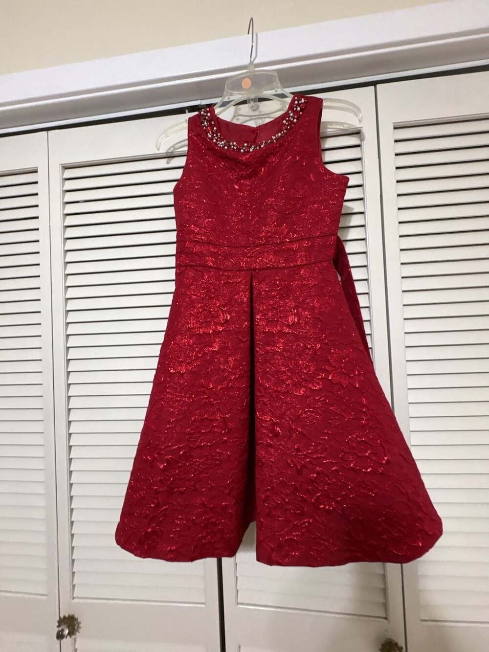 Rare Editions Dress Size 14 Red Brocade Embellished Neckline